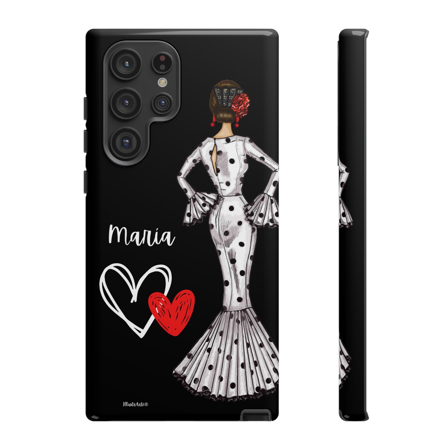 una funda de teléfono con una imagen de una mujer en un vestido