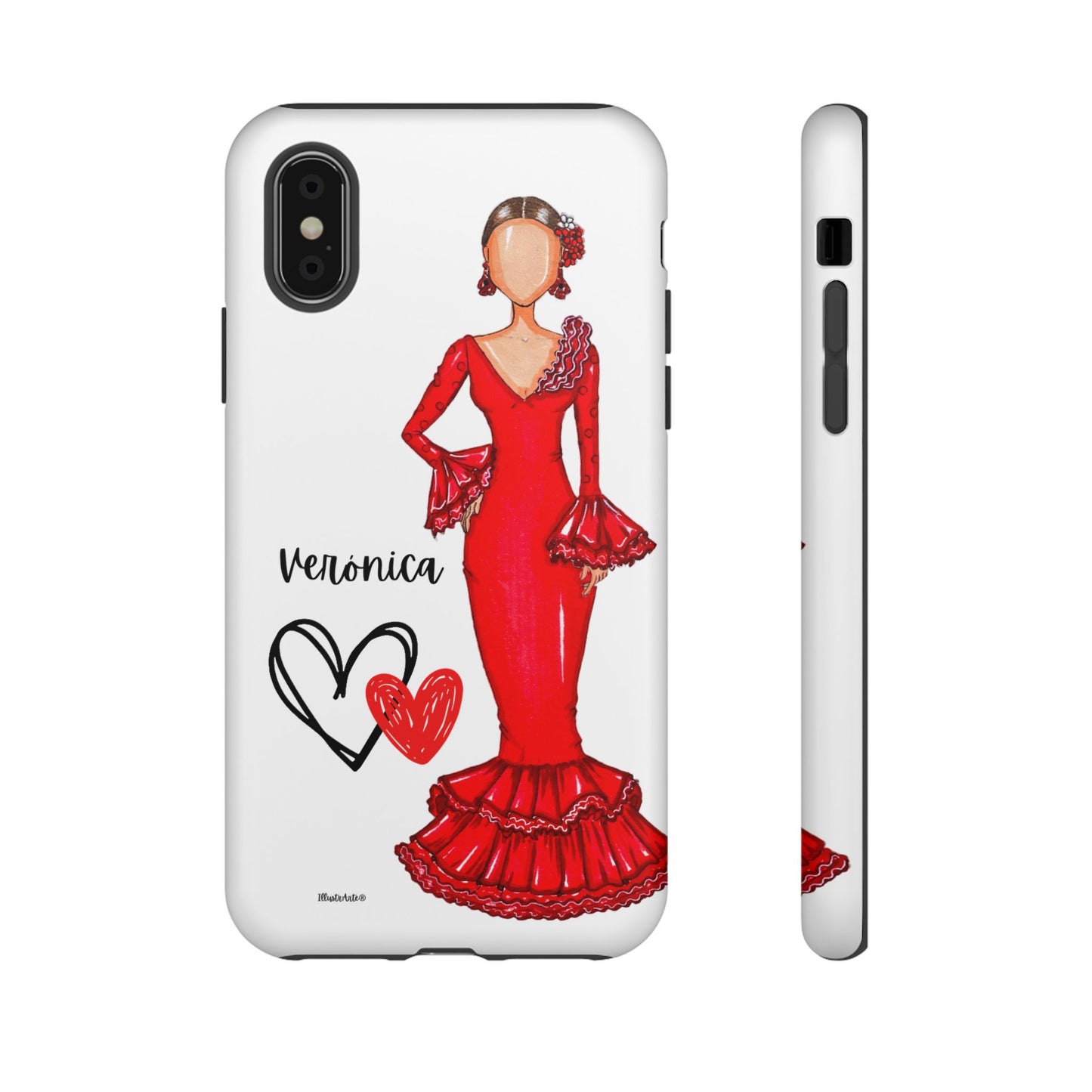 una funda de teléfono con una mujer en un vestido rojo