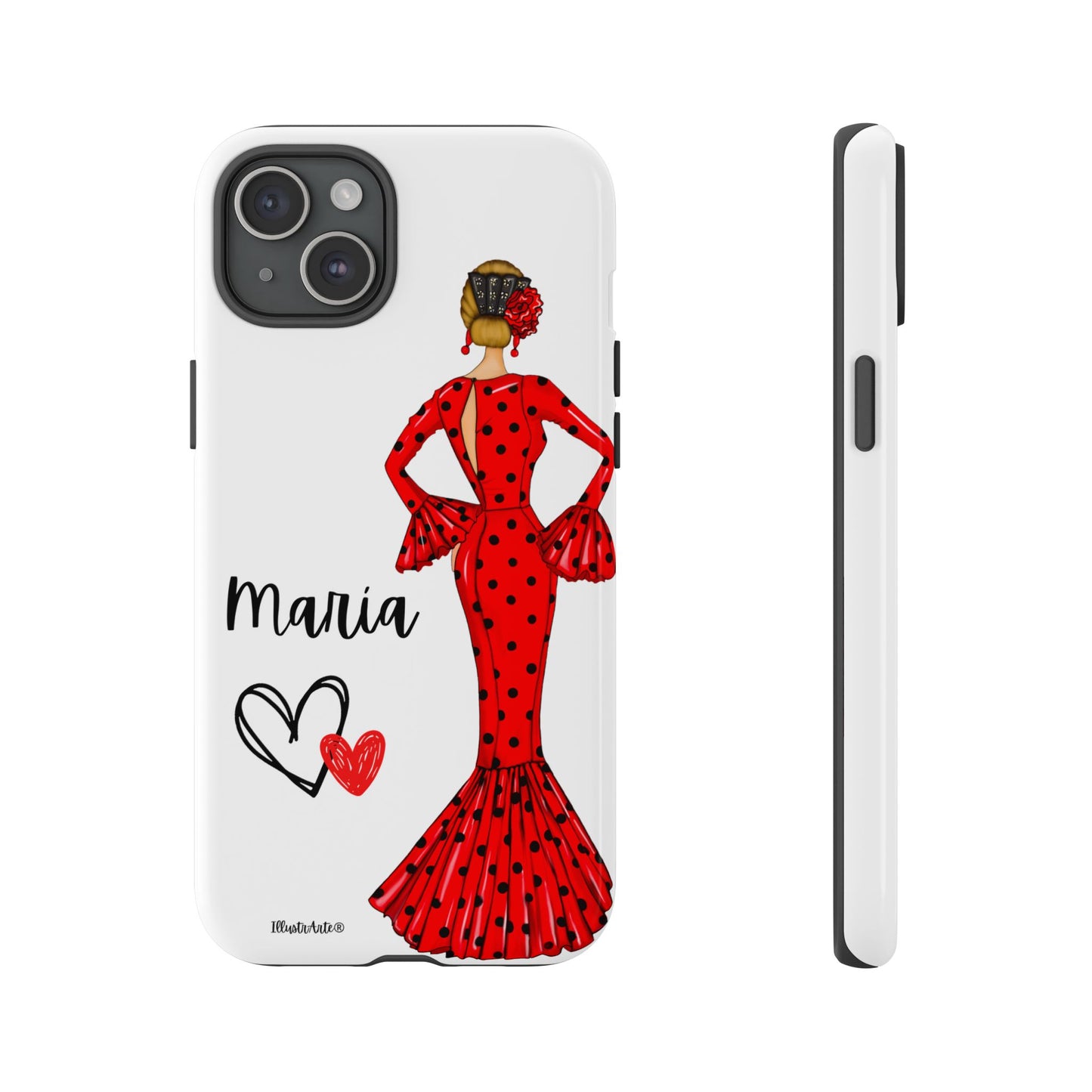 una funda de teléfono con una mujer en un vestido rojo