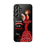 Personalised phone case flamenco dancer Pepa, with quote for Samsung Galaxy S25 Plus, gloss finish – illustrArte