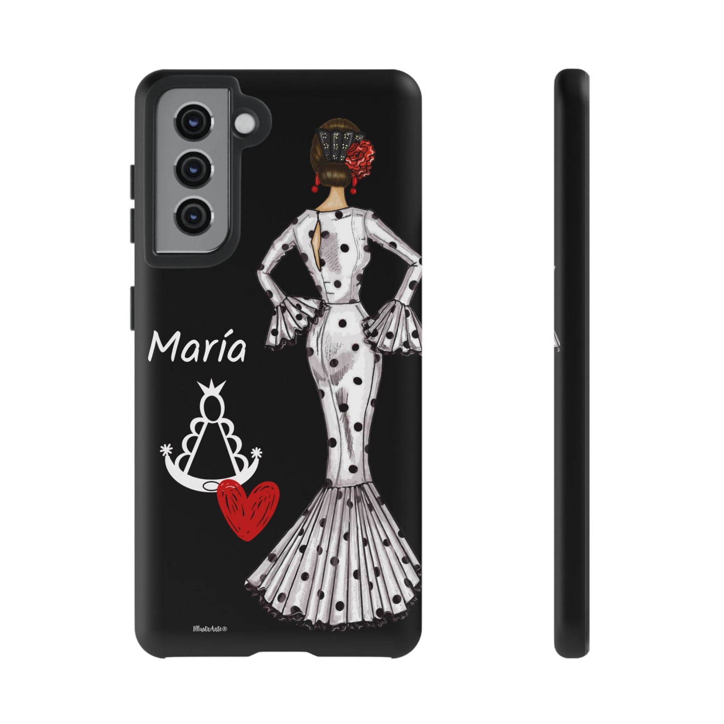 una funda de teléfono con un dibujo de una mujer en un vestido