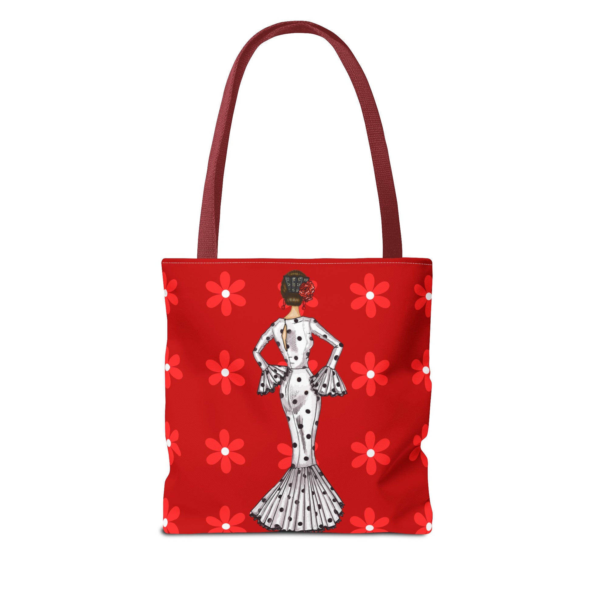 a red tote bag with a picture of a woman on it