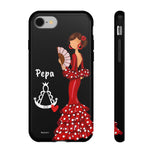 Personalised phone case flamenco dancer Pepa, with a little Virgin Mary for iPhone 8, gloss finish – illustrArte