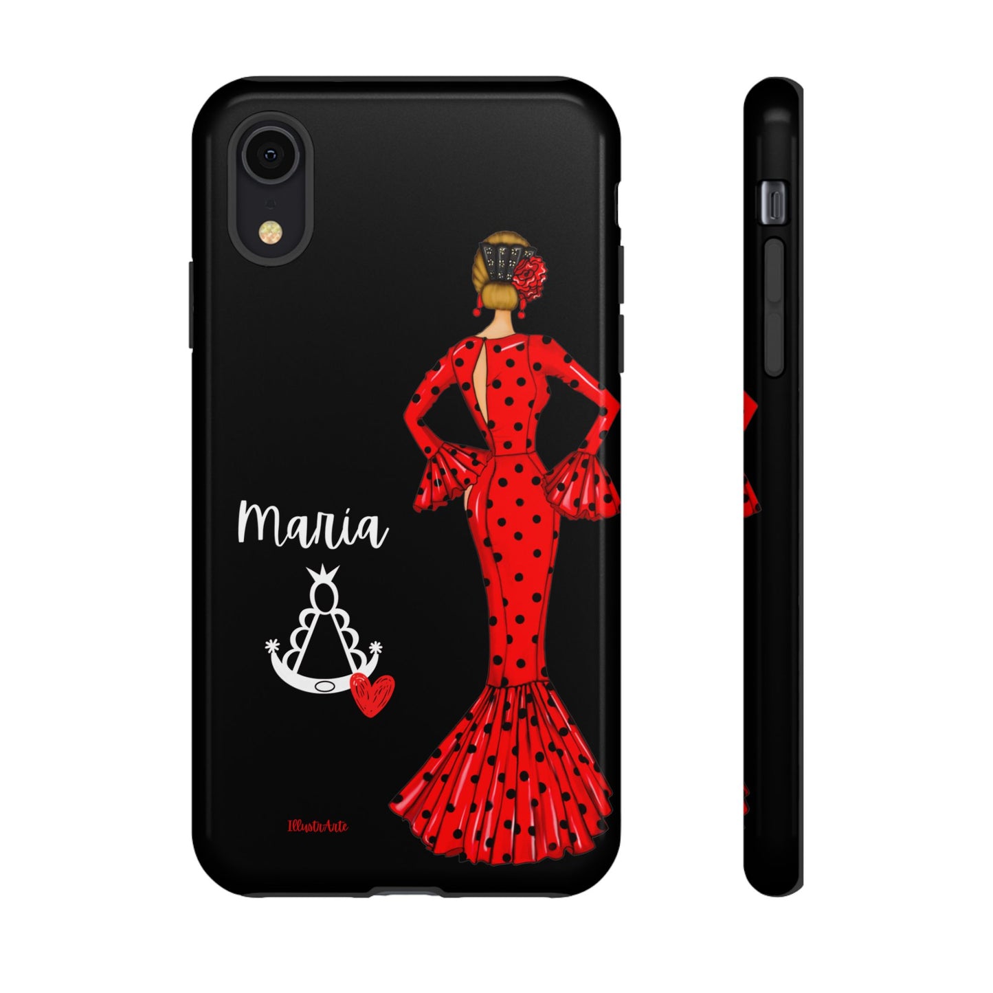 una funda de teléfono con una mujer en un vestido rojo