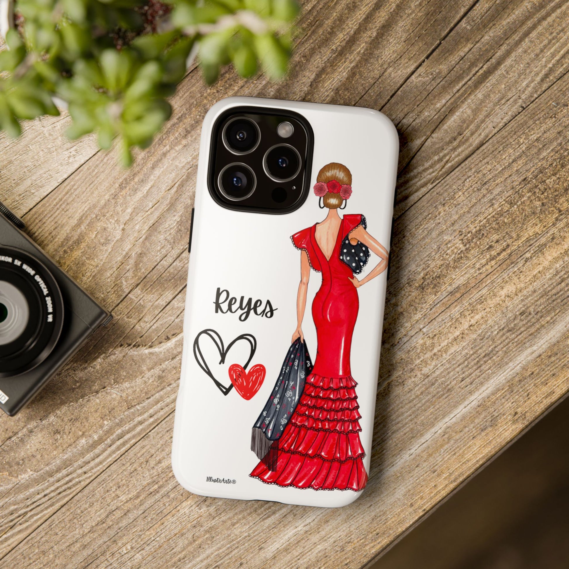 una funda de teléfono con una imagen de una mujer en un vestido rojo