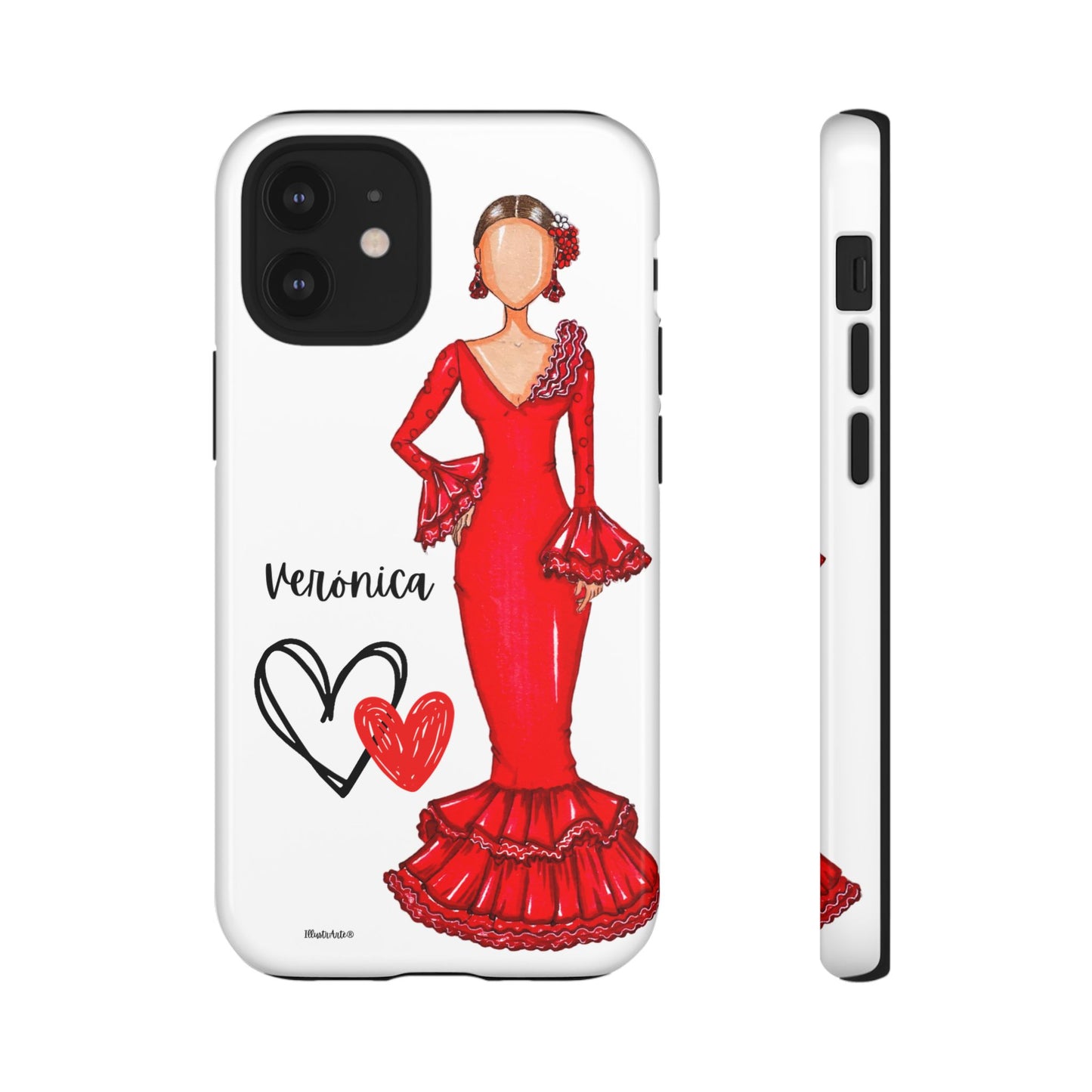 una funda de teléfono con un dibujo de una mujer en un vestido rojo