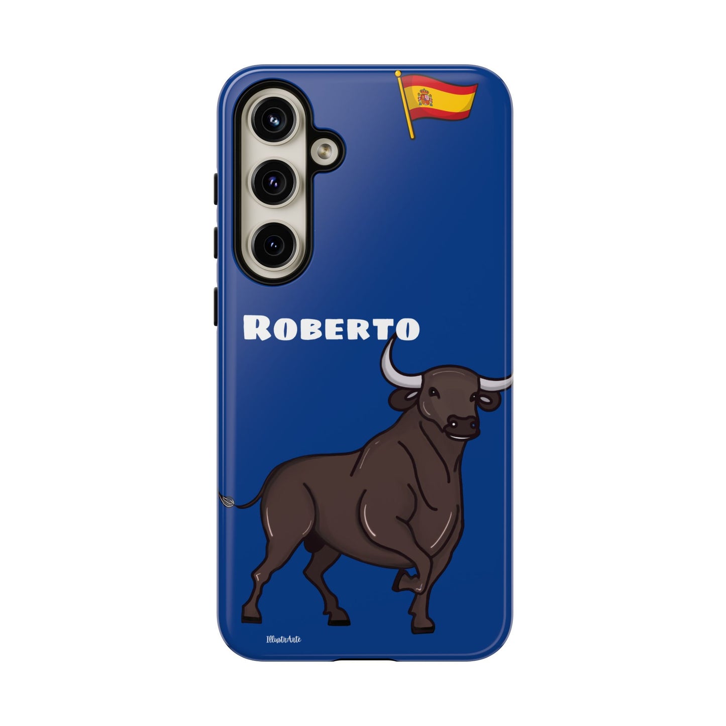 Funda de teléfono personalizable con nombre/bandera/Virgen - Modelo Toro Roberto, un toque español en tu día a día.
