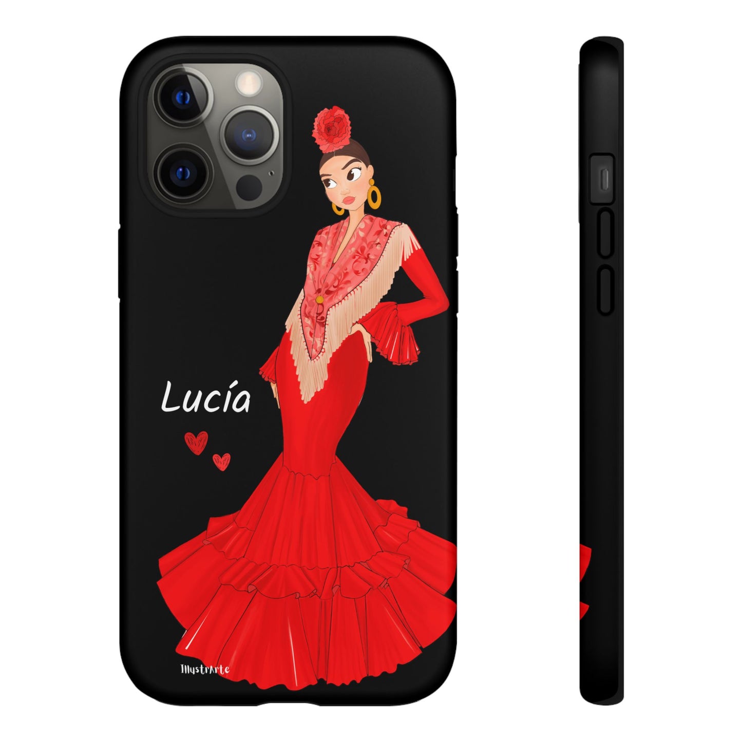 una funda de teléfono con una mujer en un vestido rojo