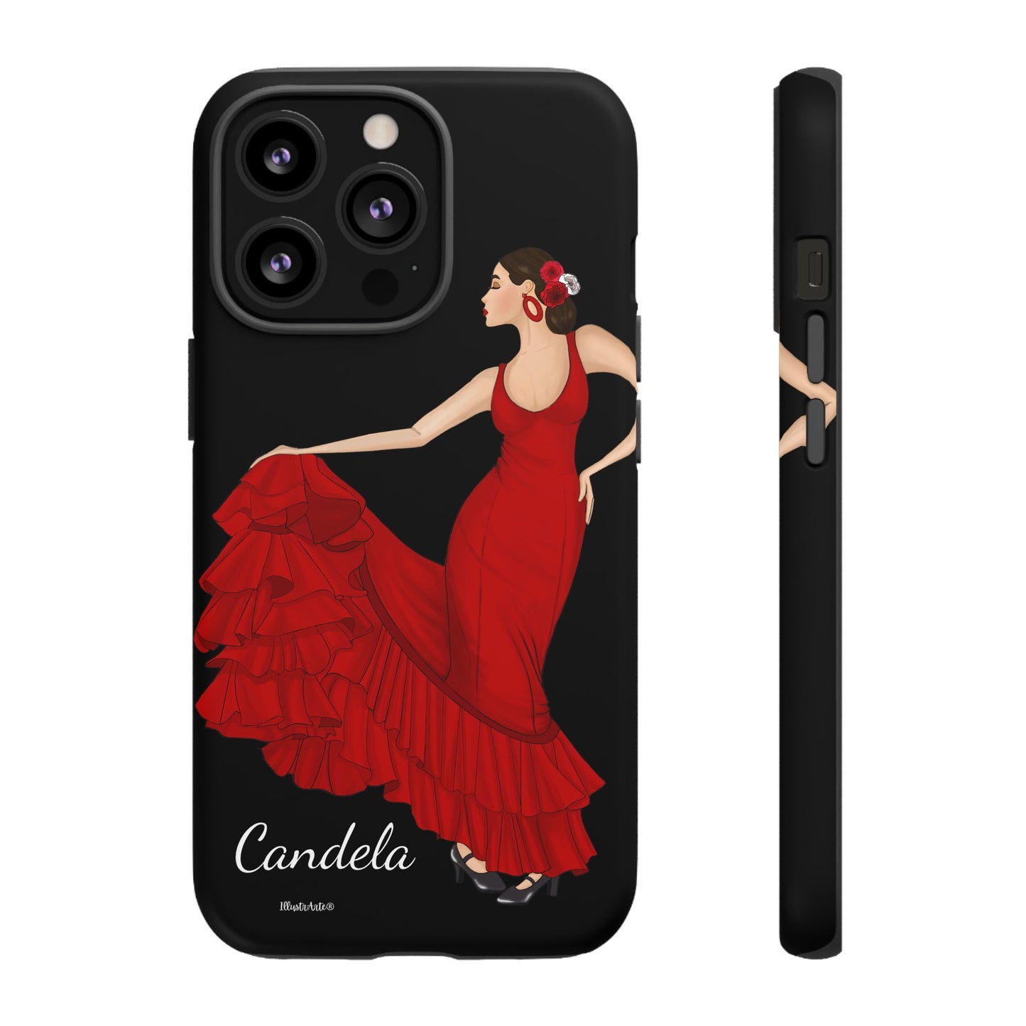 una funda de teléfono con una imagen de una mujer en un vestido rojo