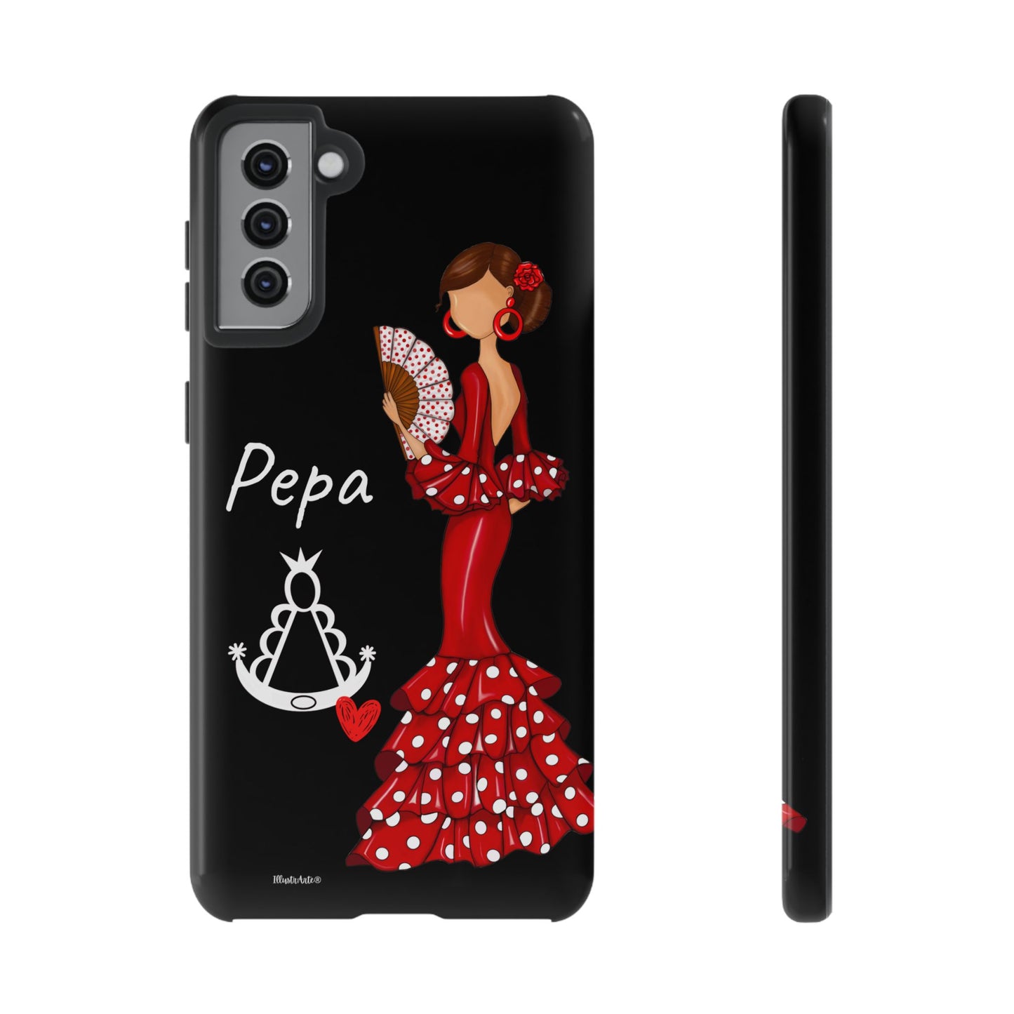 una funda de teléfono con una mujer en un vestido rojo