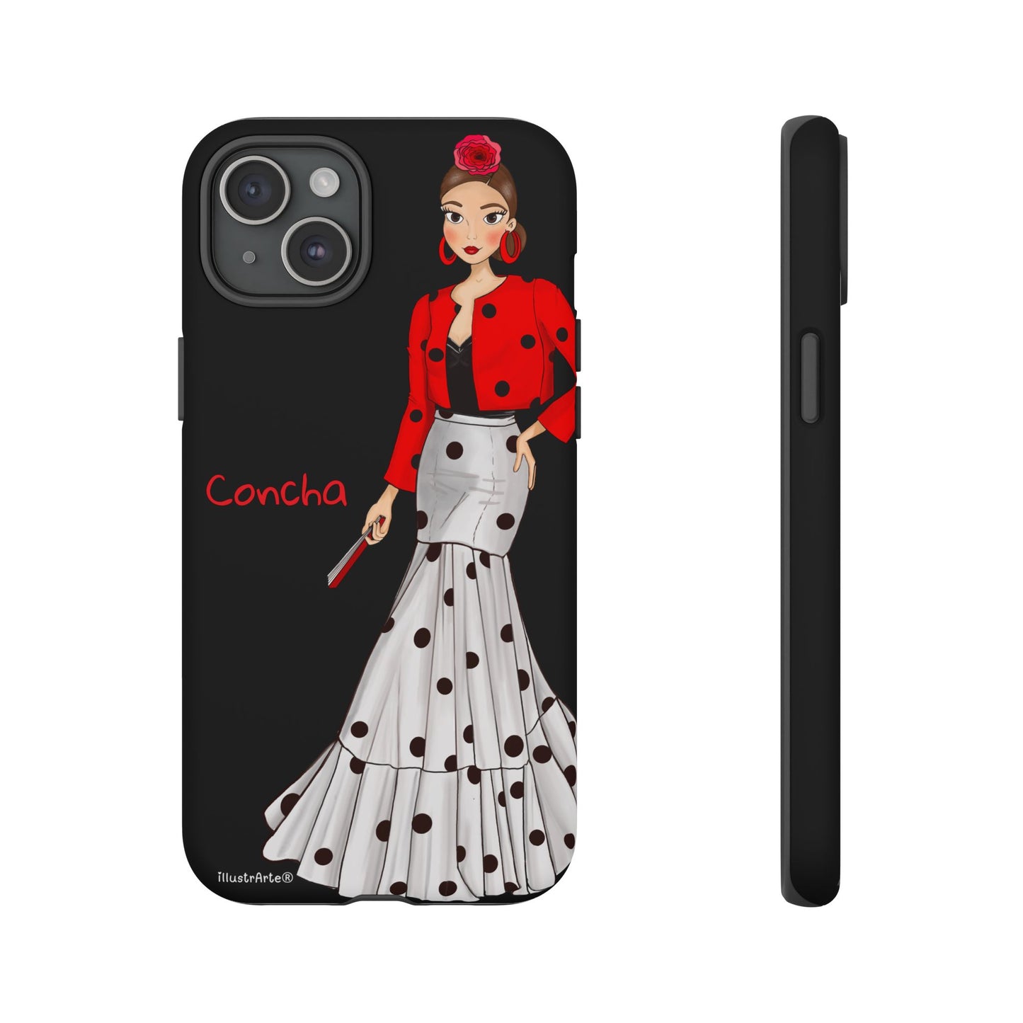 Muestra de la funda de teléfono con nombre/bandera - Modelo Conchita fondo negro.
