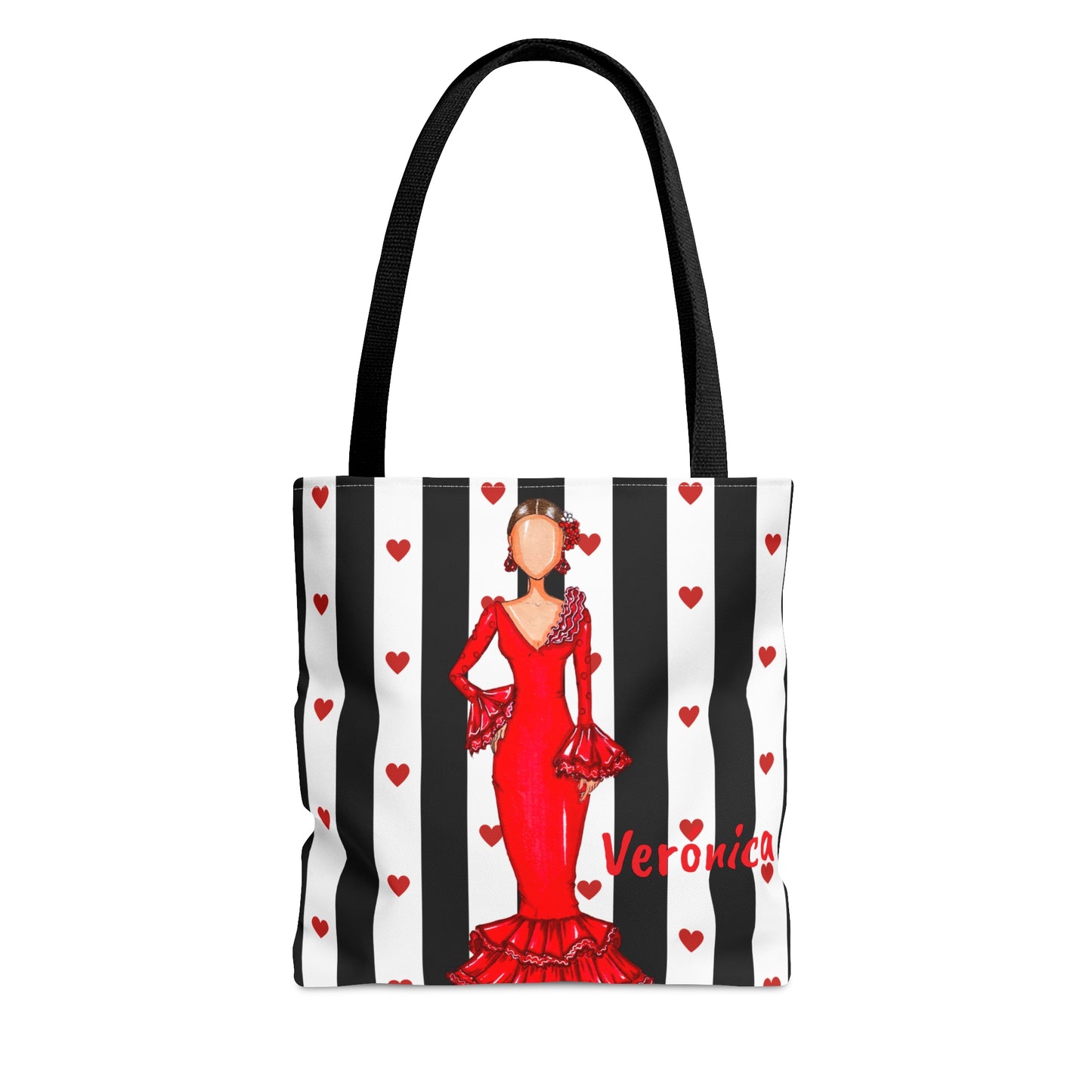 Flamenco lover Tote Bag, fabric tote bag with white black and white stripes background and a flamenco dancer in a red dress. Choose between 3 sizes. - IllustrArte