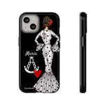 Personalised phone case flamenco dancer María Blanco, with the Virgen del Rocío for iPhone 14, gloss finish – illustrArte