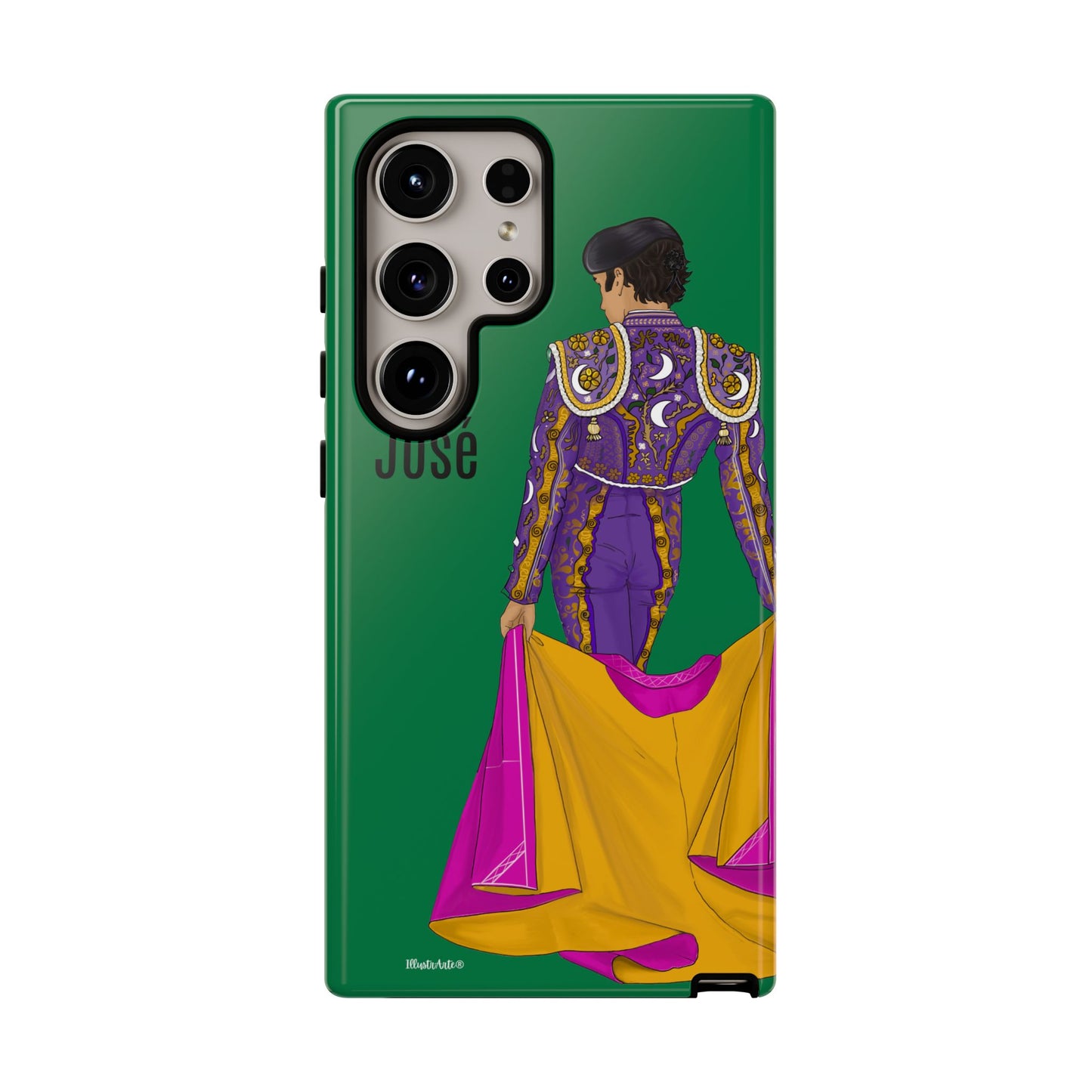 una funda de teléfono con una imagen de un hombre en un traje púrpura