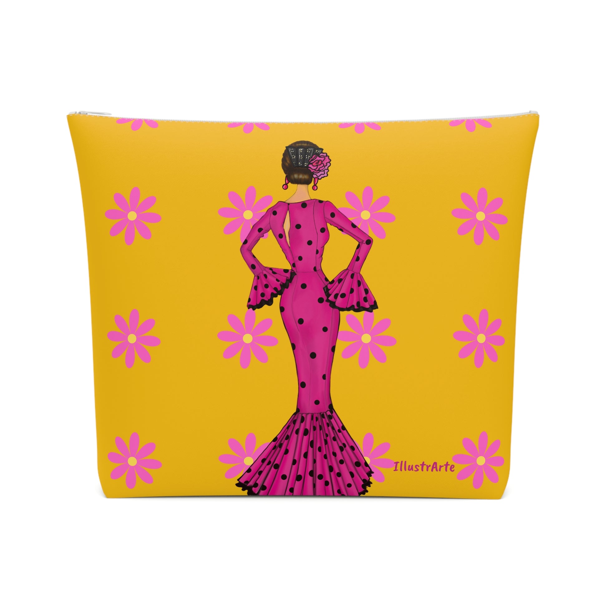 a yellow and pink pillow with a picture of a woman in a pink dress