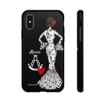Personalised phone case flamenco dancer María Blanco, with the Virgen del Rocío for iPhone XS, gloss finish – illustrArte