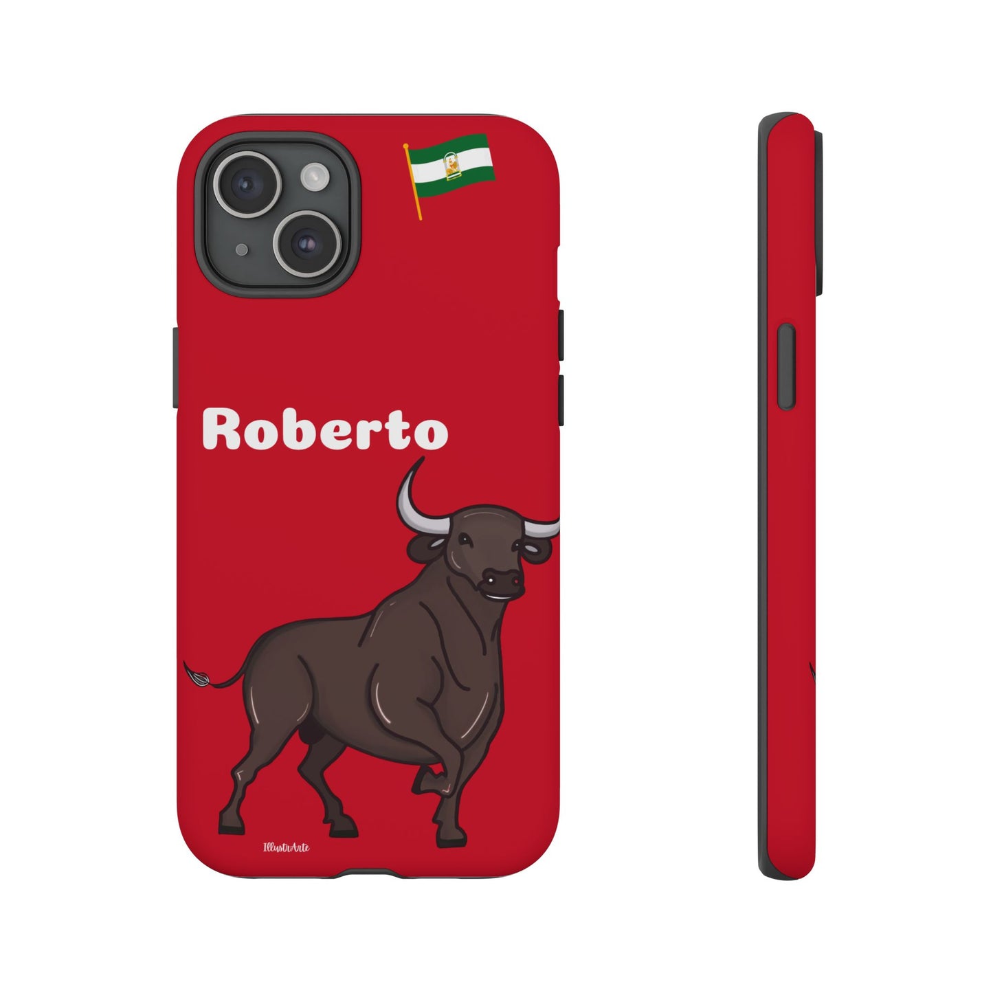 una funda de teléfono roja con un toro en ella