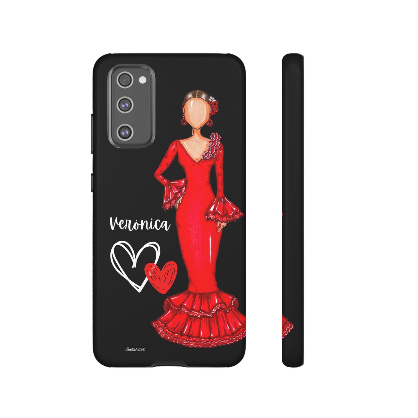 una funda de teléfono con una mujer con un vestido rojo