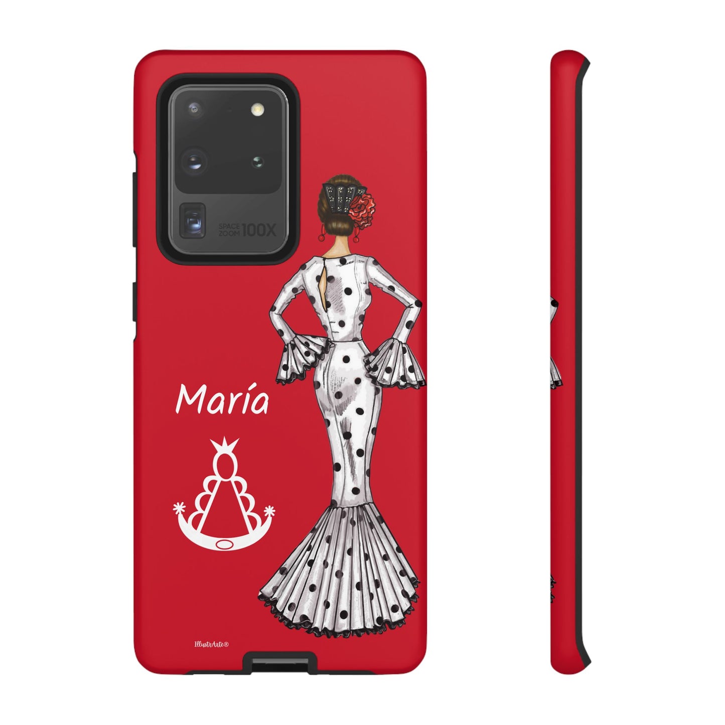 una funda de teléfono con una mujer en un vestido