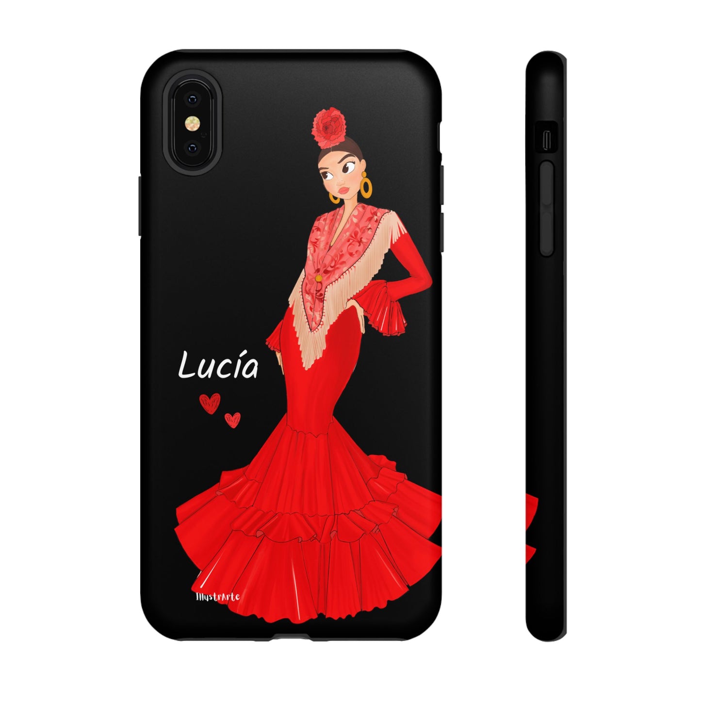 una funda de teléfono con una imagen de una mujer en un vestido rojo