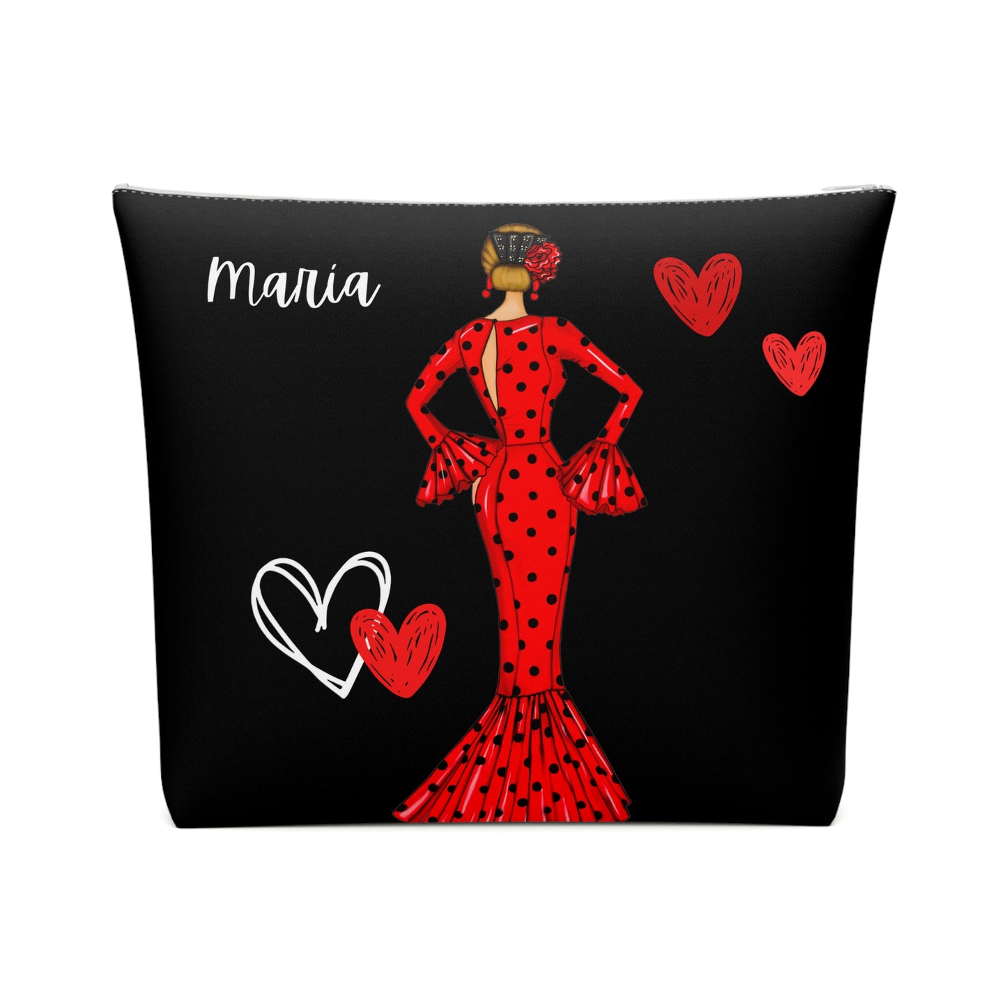 a black and red pillow with a woman in a red dress