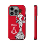 Personalised phone case flamenco dancer María Blanco, red background, with the Virgen del Rocío for iPhone 14 Pro, gloss finish – illustrArte