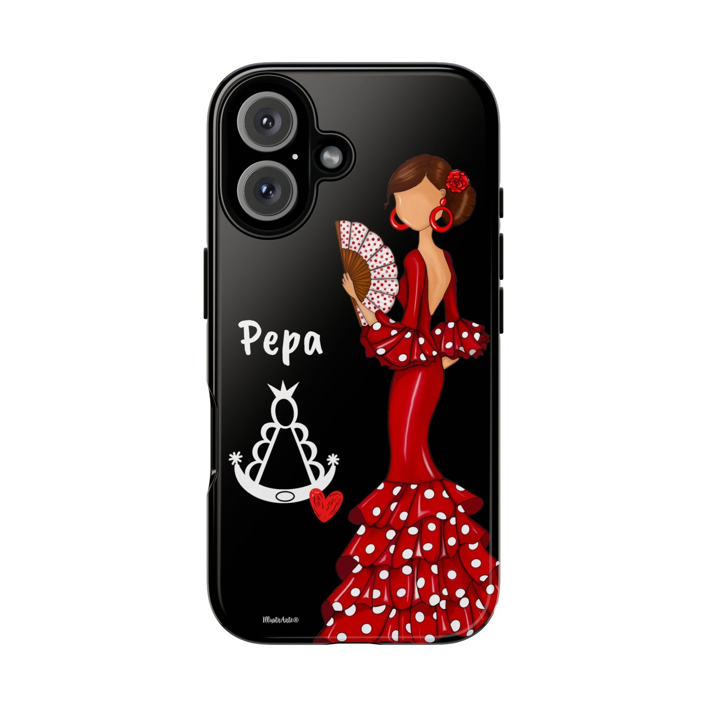 Personalized Pepa phone case on a black background with the Virgin Mary – for iPhone, Samsung, Pixel