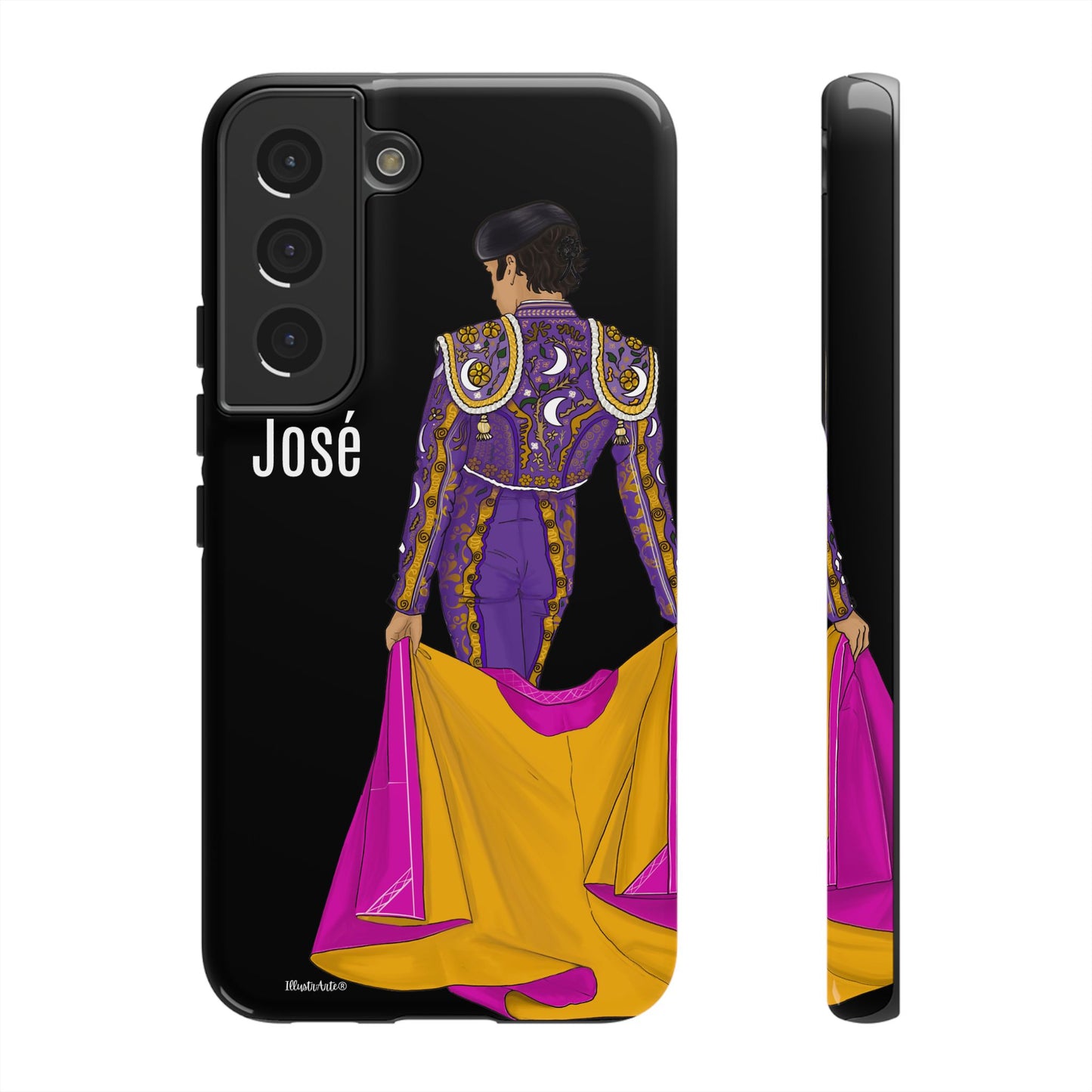 una funda de teléfono con un dibujo de un hombre en un traje morado y amarillo