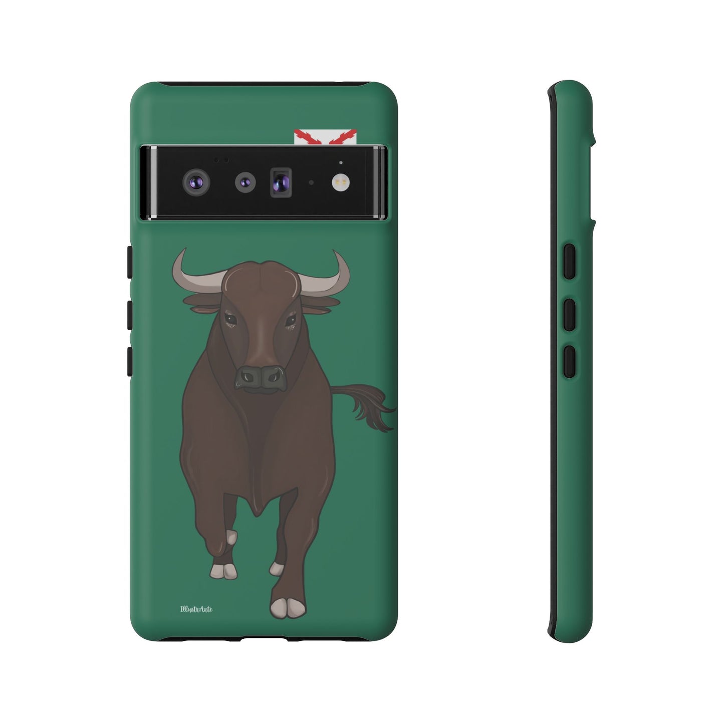 una funda de teléfono con una imagen de un toro en ella