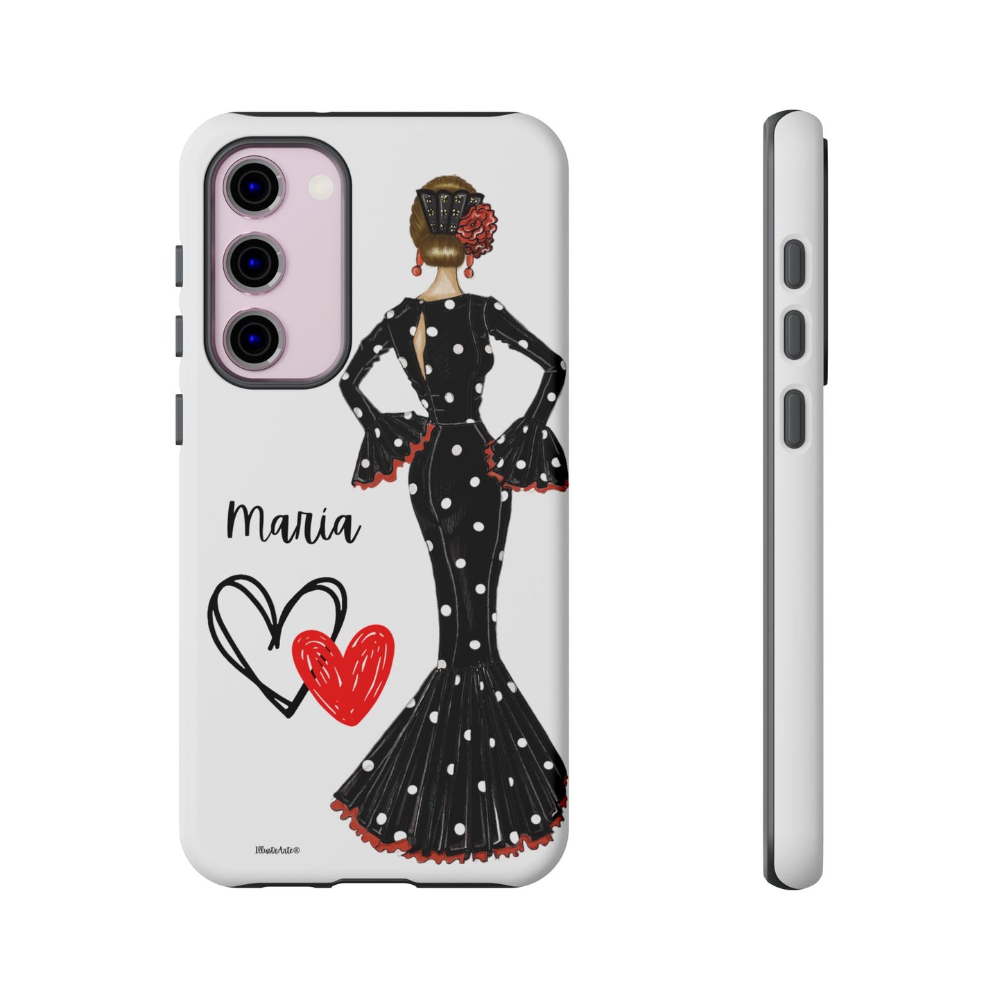 una funda para teléfono con una mujer en un vestido