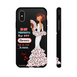 Personalised phone case flamenco dancer Pepa, white dress, with quote for iPhone XS, gloss finish – illustrArte
