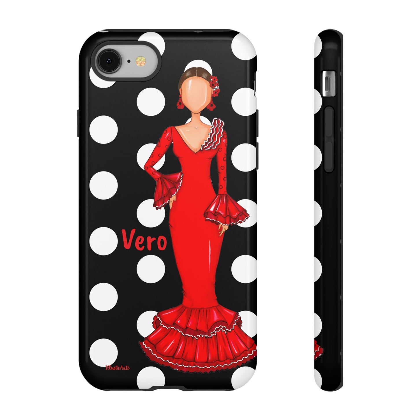 una funda para teléfono con una mujer en un vestido rojo