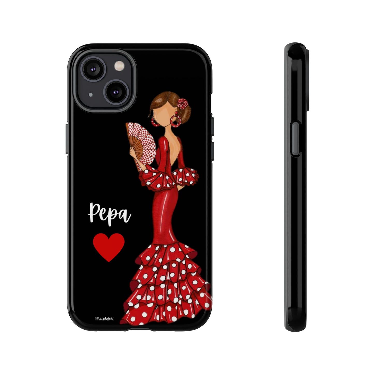 una funda de teléfono con una mujer en un vestido rojo sosteniendo un abanico