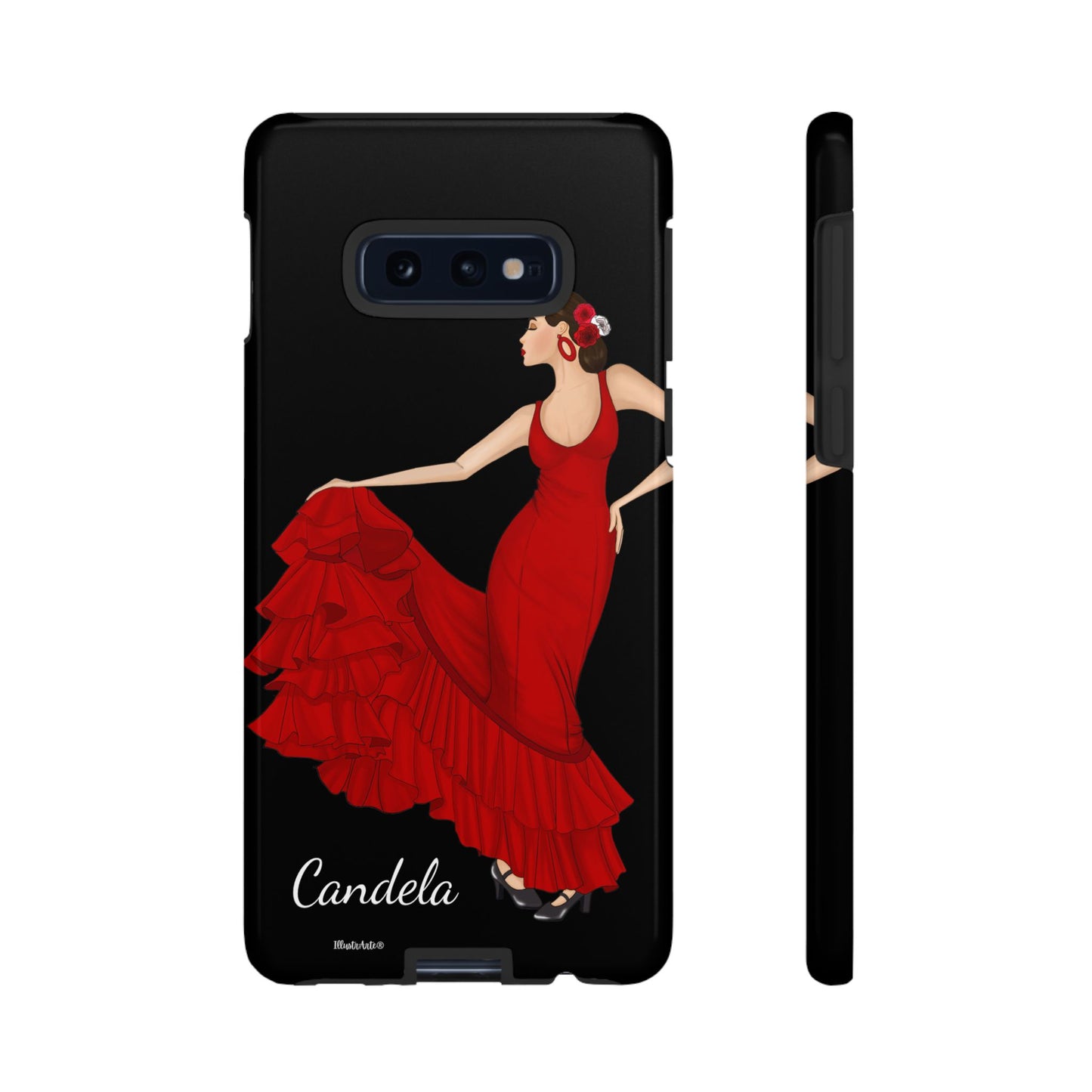 una funda de teléfono con una mujer en un vestido rojo