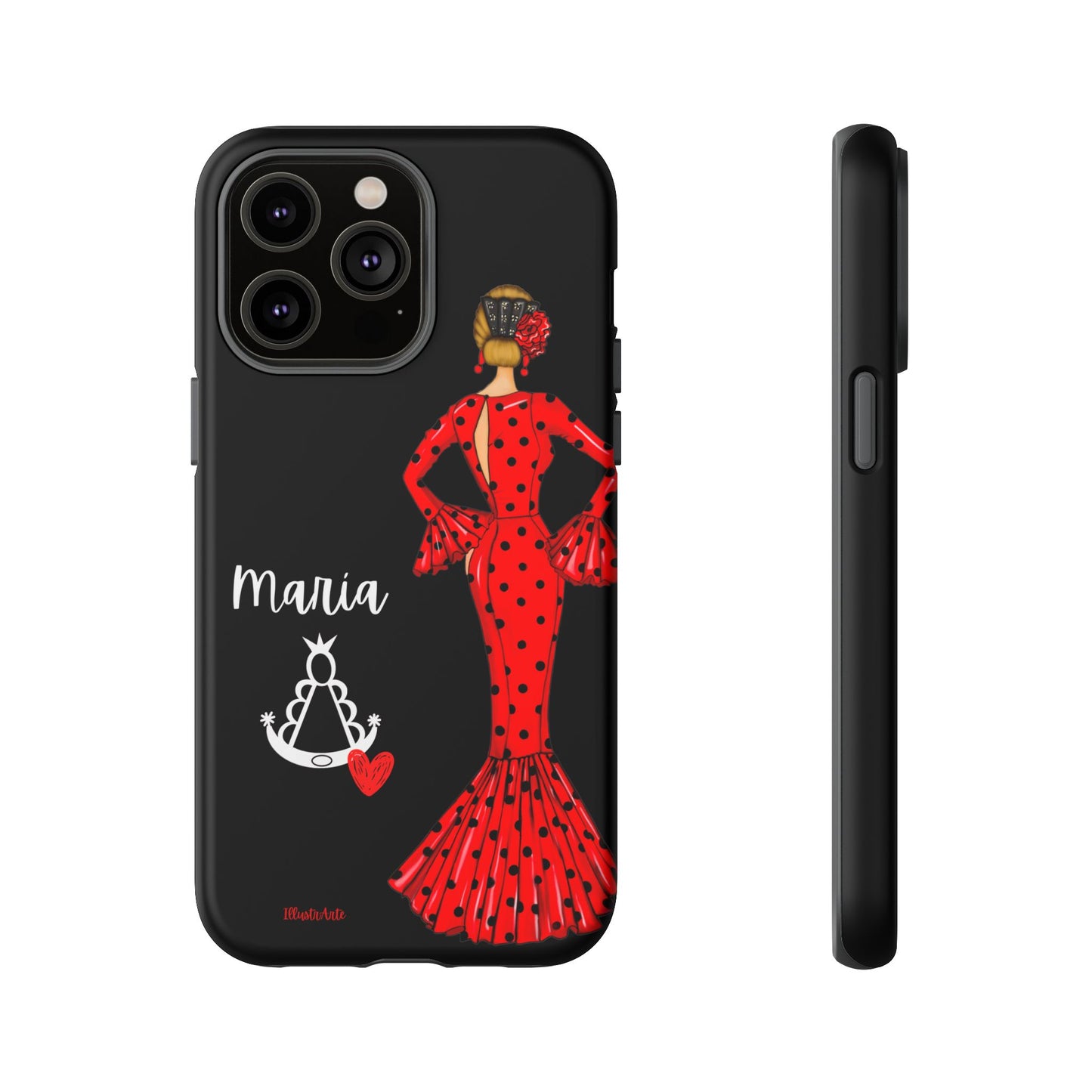 una funda de teléfono con una mujer en un vestido rojo