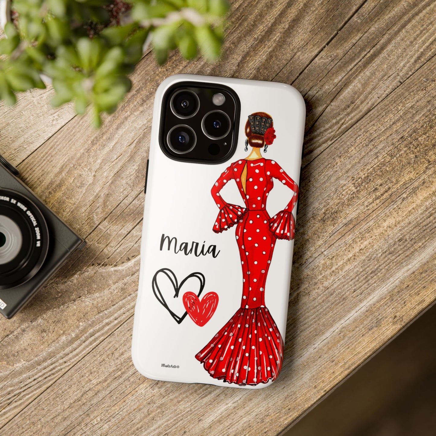 una funda de teléfono con una foto de una mujer en un vestido rojo