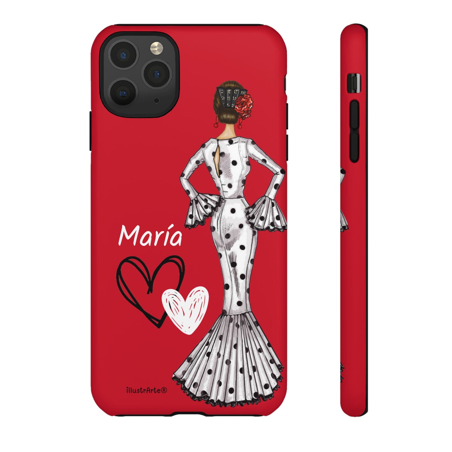 Personalized Maria phone case, white with red hearts background – for iPhone, Samsung, Pixel