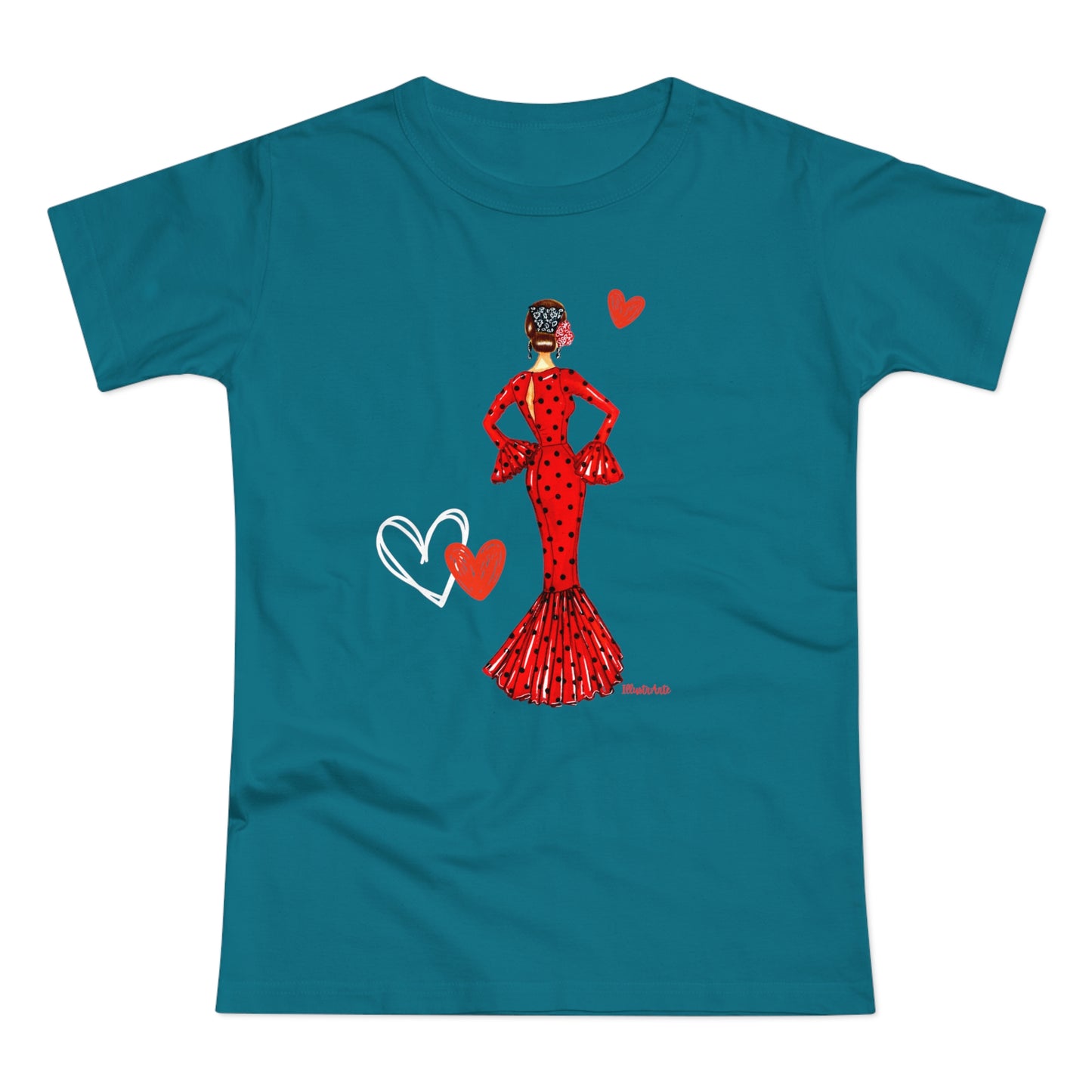 a t - shirt with a woman in a red dress holding a heart