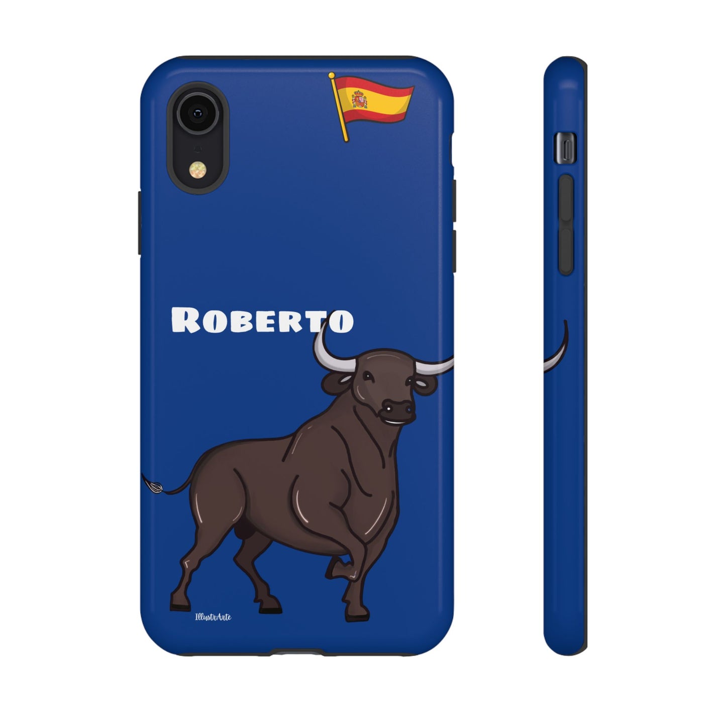 Funda de teléfono personalizable con nombre/bandera/Virgen - Modelo Toro Roberto, muestra su distintivo estilo español.