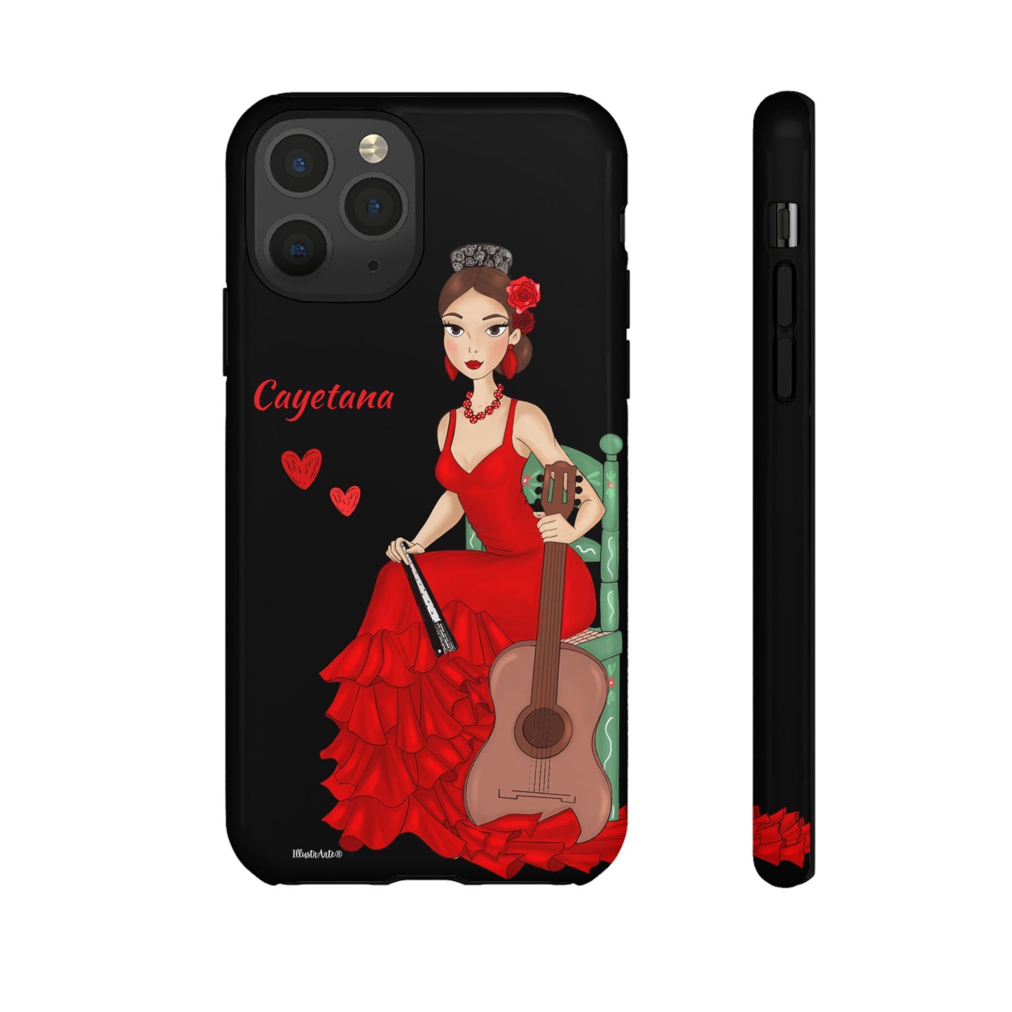 una funda de teléfono con una mujer en un vestido rojo sosteniendo una guitarra