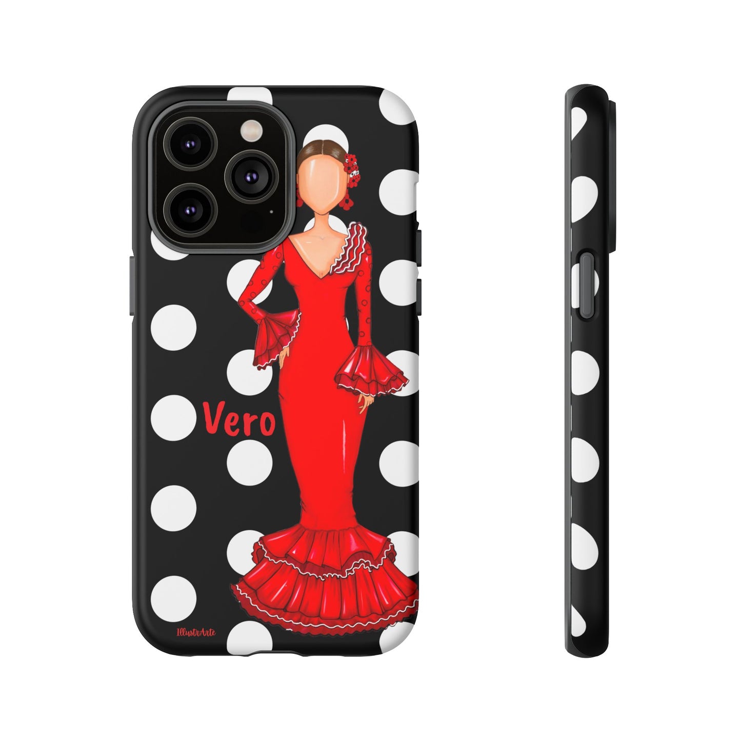 una funda de celular con una mujer en un vestido rojo