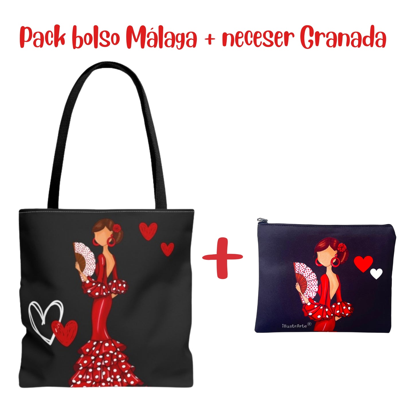Pack Bolsa “Pepa” Málaga liso + Neceser “Pepa” Granada – Set flamenco con mucho arte illustrArte
