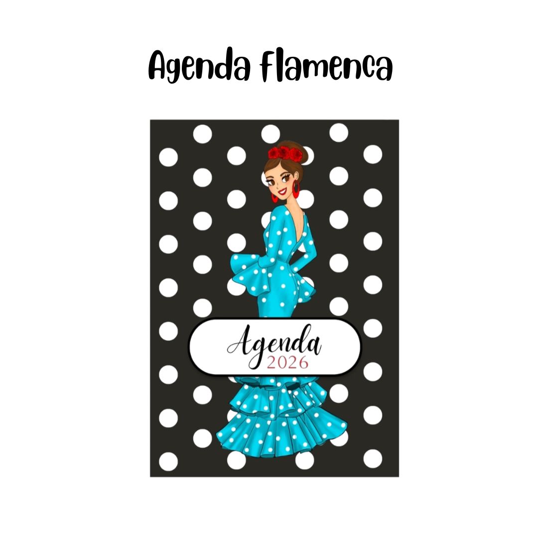 Agenda Flamenca 2026 “Paquita fondo negro” – 2 Días por Página – Ilustraciones Flamencas – Eventos Flamencos del Año – Diseño illustrArte