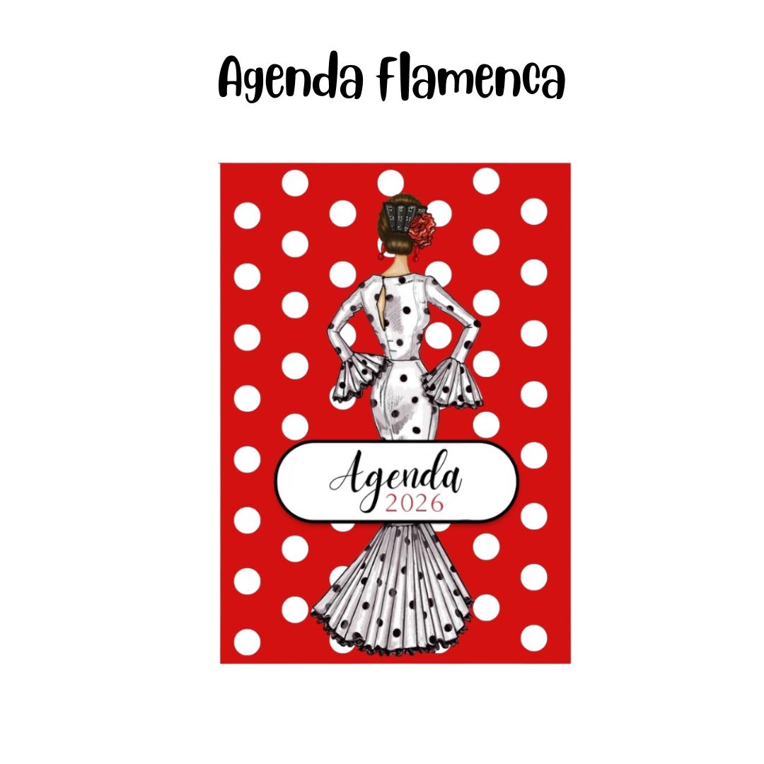 Agenda Flamenca 2026 “Maria blanco fondo rojo” – 2 Días por Página – Ilustraciones Flamencas – Eventos Flamencos del Año – Diseño illustrArte (Copy)