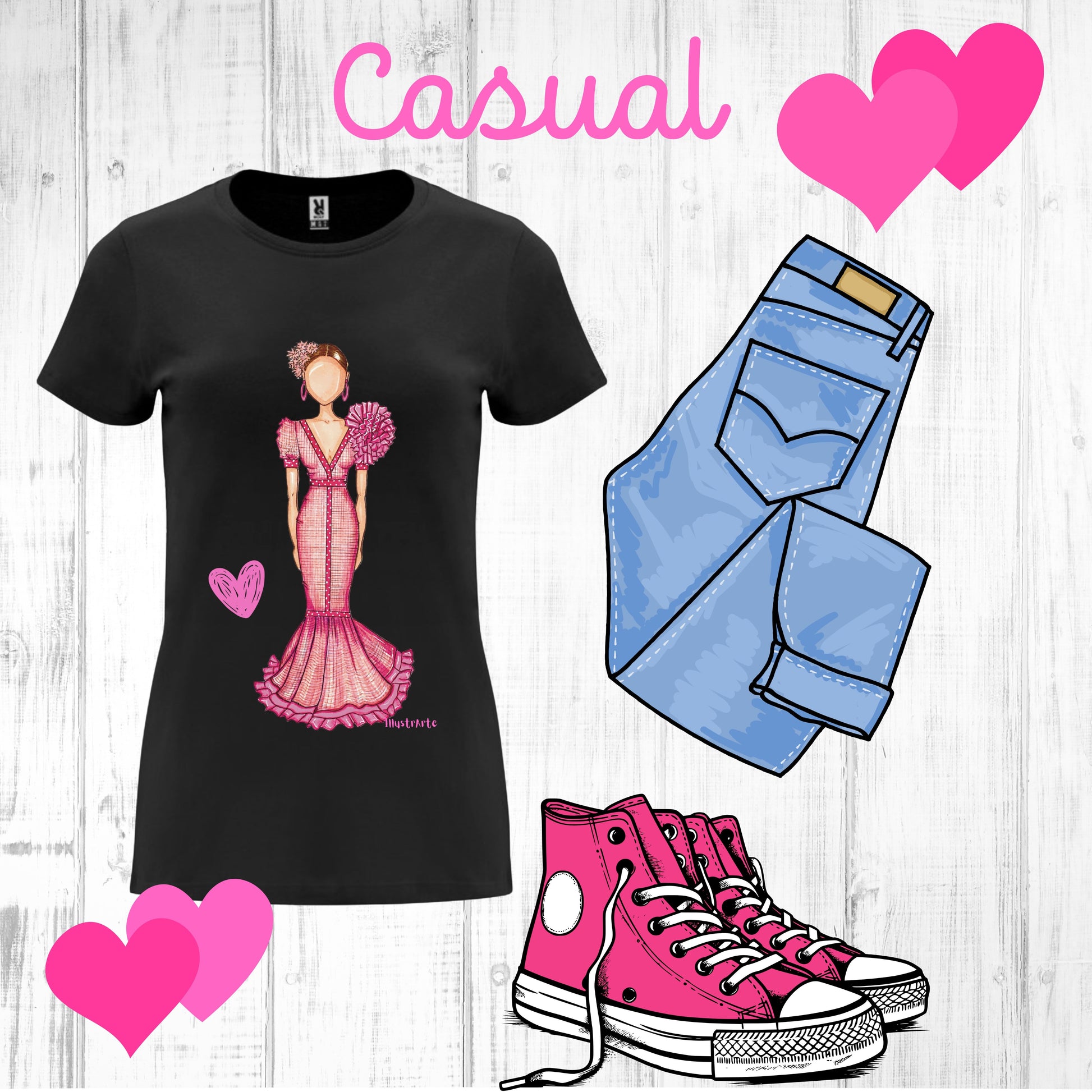 una camiseta de mujer, jeans y zapatillas converse