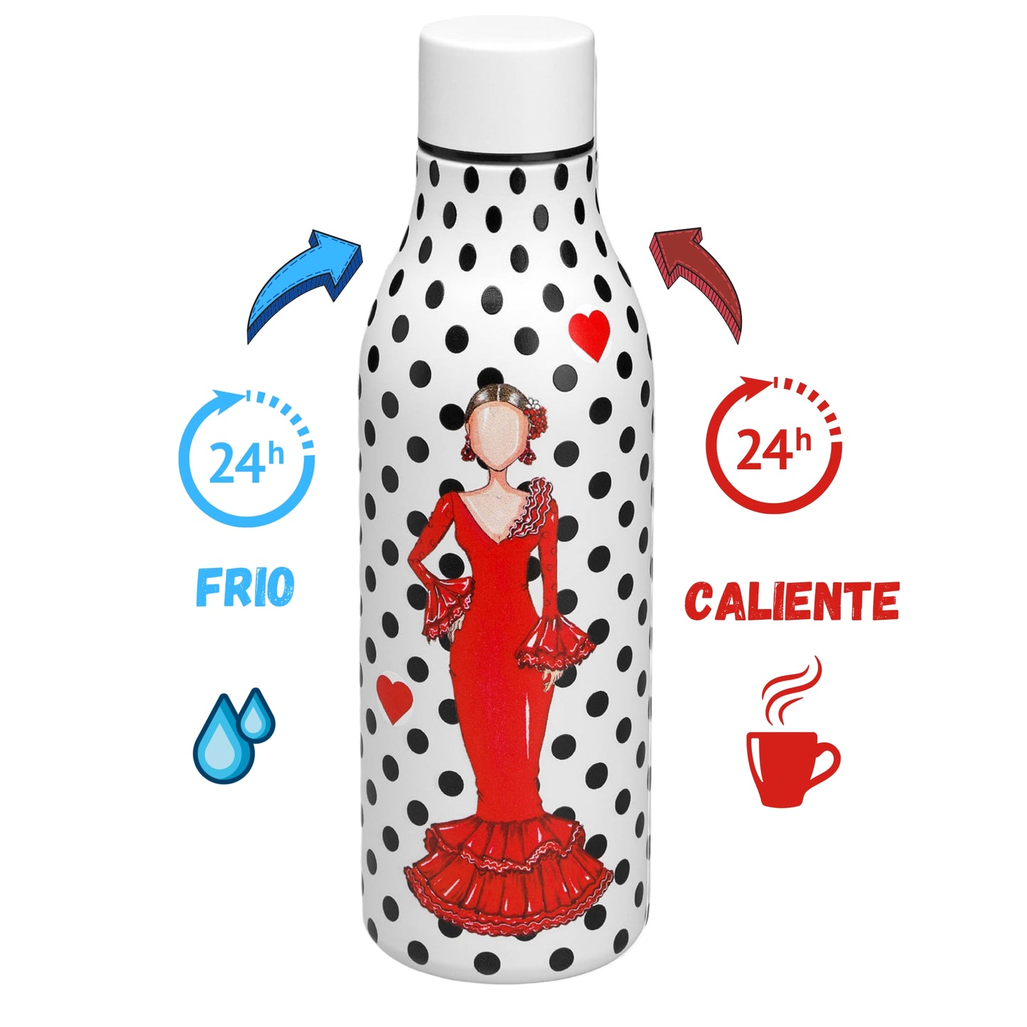 a bottle with a lady in a red dress on it