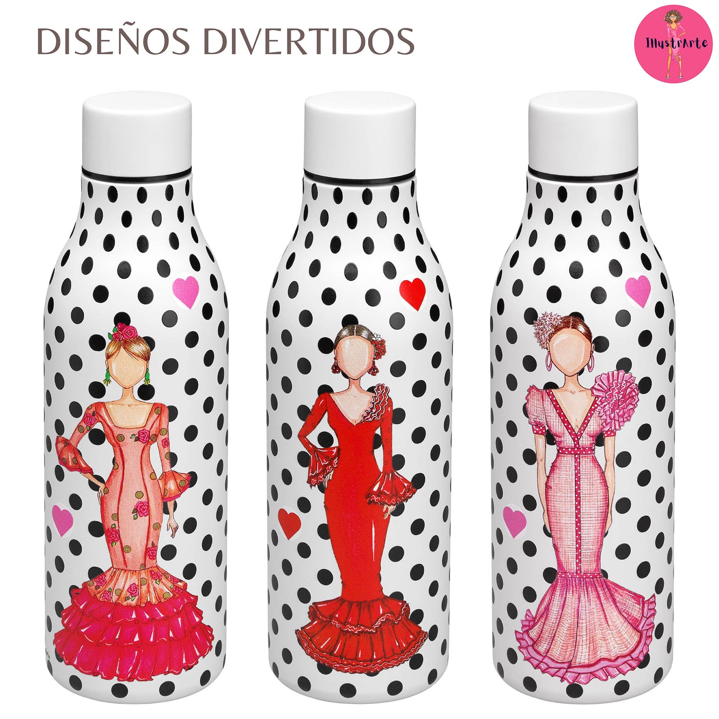 three bottles with different designs on them