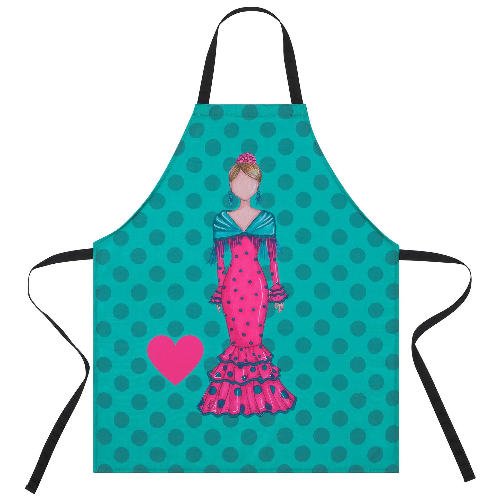 IllustrArte Flamenco Dancer Kitchen Apron. Stylish, elegant, comfortable and washable. Turquoise with Black Polka Dots.… - IllustrArte