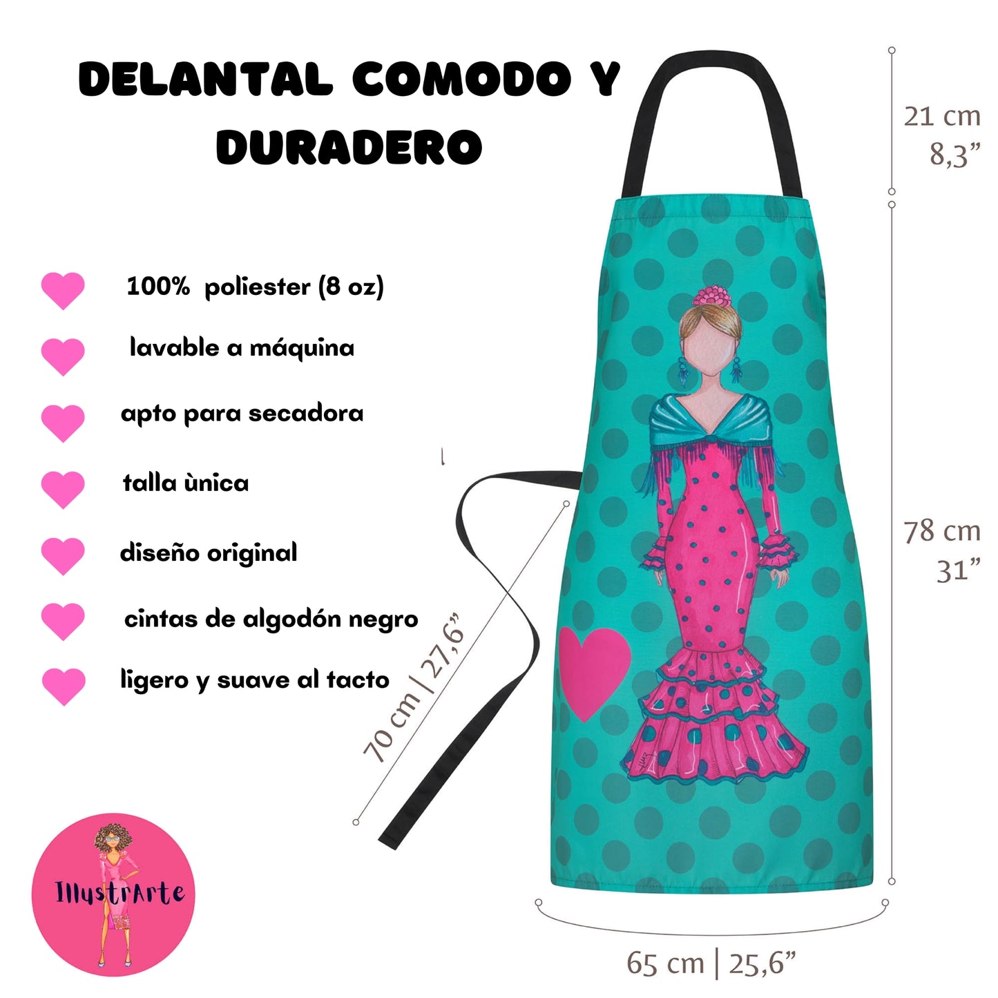 IllustrArte Flamenco Dancer Kitchen Apron. Stylish, elegant, comfortable and washable. Turquoise with Black Polka Dots.… - IllustrArte