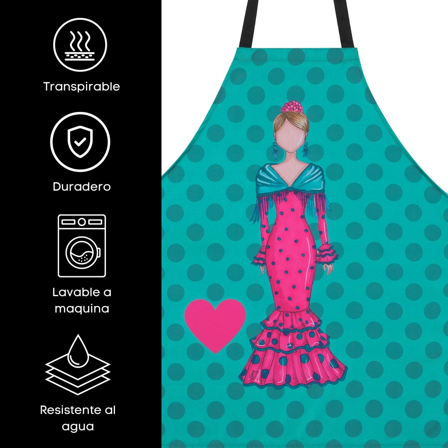 IllustrArte Flamenco Dancer Kitchen Apron. Stylish, elegant, comfortable and washable. Turquoise with Black Polka Dots.… - IllustrArte